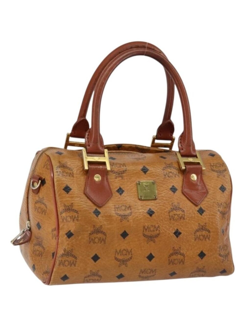 MCM Logogram Vicetos Boston Bag PVC Leather Brown Gold